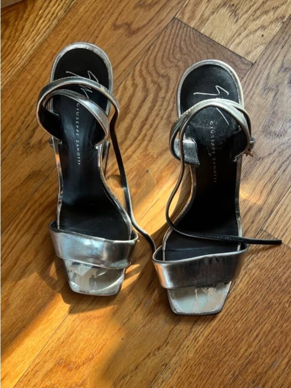 Giuseppe Zanotti Metallic Silver Strappy Square Toe Heels